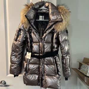 Metallic Puffer Coat with Fur Trim